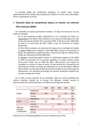 El resultado global del rendimiento académico en España sigue situado
significativamente por debajo del promedio de la OCD...