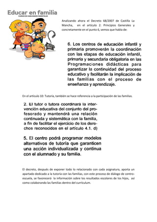 Analizando ahora el Decreto 68/2007 de Castilla La
                                Mancha, en el artículo 2: Principios Generales y
                                concretamente en el punto 6, vemos que habla de:




En el artículo 10: Tutoría, también se hace referencia a la participación de las familias.




El decreto, después de exponer todo lo relacionado con cada asignatura, aporta un
apartado dedicado a la tutoría con las familias, con este proceso de diálogo de centro-
escuela, se favorecerá la información sobre los resultados escolares de los hijos, así
como colaborando las familias dentro del currículum.
 