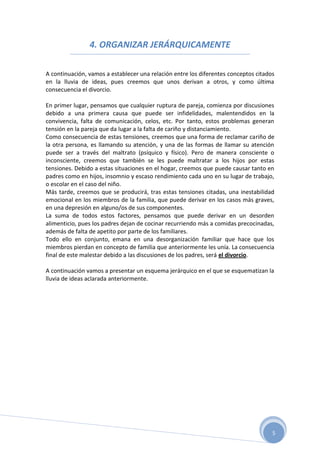 4. ORGANIZAR JERÁRQUICAMENTE

A continuación, vamos a establecer una relación entre los diferentes conceptos citados
en la lluvia de ideas, pues creemos que unos derivan a otros, y como última
consecuencia el divorcio.

En primer lugar, pensamos que cualquier ruptura de pareja, comienza por discusiones
debido a una primera causa que puede ser infidelidades, malentendidos en la
convivencia, falta de comunicación, celos, etc. Por tanto, estos problemas generan
tensión en la pareja que da lugar a la falta de cariño y distanciamiento.
Como consecuencia de estas tensiones, creemos que una forma de reclamar cariño de
la otra persona, es llamando su atención, y una de las formas de llamar su atención
puede ser a través del maltrato (psíquico y físico). Pero de manera consciente o
inconsciente, creemos que también se les puede maltratar a los hijos por estas
tensiones. Debido a estas situaciones en el hogar, creemos que puede causar tanto en
padres como en hijos, insomnio y escaso rendimiento cada uno en su lugar de trabajo,
o escolar en el caso del niño.
Más tarde, creemos que se producirá, tras estas tensiones citadas, una inestabilidad
emocional en los miembros de la familia, que puede derivar en los casos más graves,
en una depresión en alguno/os de sus componentes.
La suma de todos estos factores, pensamos que puede derivar en un desorden
alimenticio, pues los padres dejan de cocinar recurriendo más a comidas precocinadas,
además de falta de apetito por parte de los familiares.
Todo ello en conjunto, emana en una desorganización familiar que hace que los
miembros pierdan en concepto de familia que anteriormente les unía. La consecuencia
final de este malestar debido a las discusiones de los padres, será el divorcio.

A continuación vamos a presentar un esquema jerárquico en el que se esquematizan la
lluvia de ideas aclarada anteriormente.




                                                                                     5
 