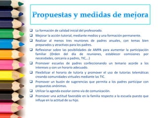  La formación de calidad inicial del profesorado.
 Mejorar la acción tutorial, mediante medios y una formación permanente.
 Realizar al menos tres reuniones de padres anuales, con temas bien
  preparados y atractivos para los padres.
 Reflexionar sobre las posibilidades de AMPA para aumentar la participación
  familiar (Orden del día de reuniones, establecer comisiones por
  necesidades, cercanía a padres, TIC,…)
 Promover escuelas de padres confeccionando un temario acorde a los
  intereses y con un horario adecuado.
 Flexibilizar el horario de tutoría y promover el uso de tutorías telemáticas
  creando comunidades virtuales mediante las TIC.
 Promover un buzón de sugerencias que permita a los padres participar con
  propuestas anónimas.
 Utilizar la agenda escolar como vía de comunicación.
 Promover una actitud favorable en la familia respecto a la escuela puesto que
  influye en la actitud de su hijo.
 