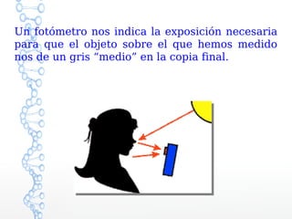 Un fotómetro nos indica la exposición necesaria
para que el objeto sobre el que hemos medido
nos de un gris “medio” en la copia final.
 