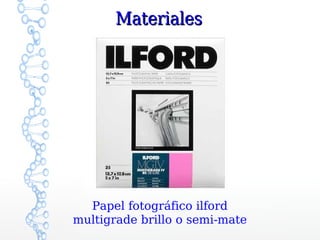 Materiales




  Papel fotográfico ilford
multigrade brillo o semi-mate
 