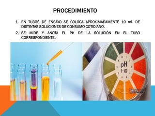 PROCEDIMIENTO
1. EN TUBOS DE ENSAYO SE COLOCA APROXIMADAMENTE 10 ml. DE
DISTINTAS SOLUCIONES DE CONSUMO COTIDIANO.
2. SE MIDE Y ANOTA EL PH DE LA SOLUCIÓN EN EL TUBO
CORRESPONDIENTE.
 