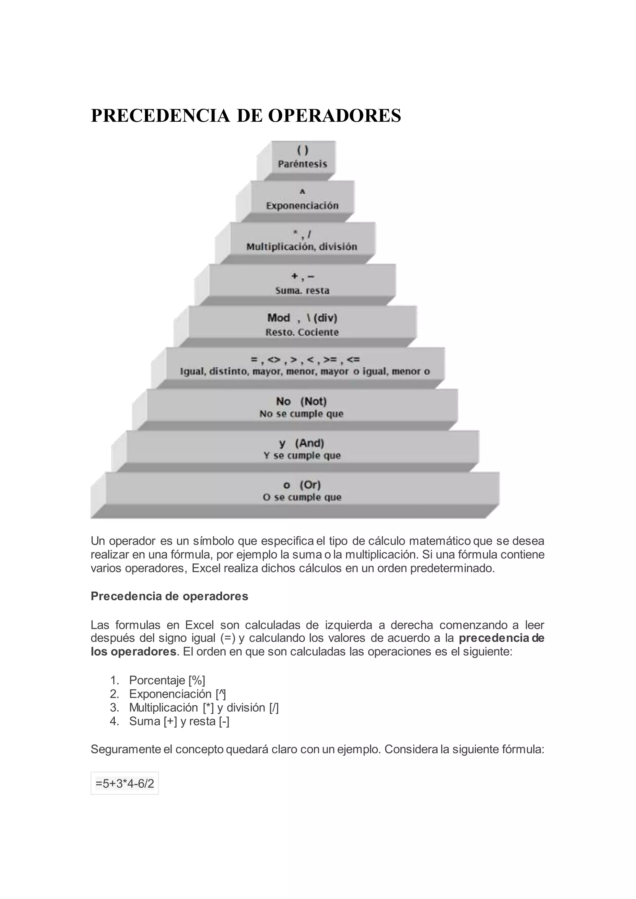 PRECEDENCIA DE OPERADORES
Un operador es un símbolo que especifica el tipo de cálculo matemático que se desea
realizar en una fórmula, por ejemplo la suma o la multiplicación. Si una fórmula contiene
varios operadores, Excel realiza dichos cálculos en un orden predeterminado.
Precedencia de operadores
Las formulas en Excel son calculadas de izquierda a derecha comenzando a leer
después del signo igual (=) y calculando los valores de acuerdo a la precedencia de
los operadores. El orden en que son calculadas las operaciones es el siguiente:
1. Porcentaje [%]
2. Exponenciación [^]
3. Multiplicación [*] y división [/]
4. Suma [+] y resta [-]
Seguramente el concepto quedará claro con un ejemplo. Considera la siguiente fórmula:
=5+3*4-6/2
 