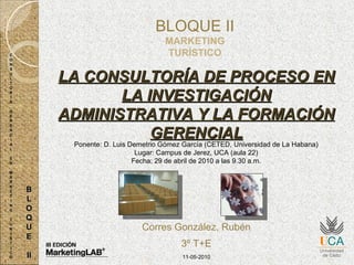 LA CONSULTORÍA DE PROCESO EN LA INVESTIGACIÓN ADMINISTRATIVA Y LA FORMACIÓN GERENCIAL BLOQUE II MARKETING TURÍSTICO Ponente: D. Luis Demetrio Gómez García (CETED, Universidad de La Habana) Lugar: Campus de Jerez, UCA (aula 22) Fecha: 29 de abril de 2010 a las 9.30 a.m. Corres González, Rubén 3º T+E 11-05-2010 C O N S U L T O R Í A G E R E N C I A L E N M A R K E T I N G T U R Í S T I C O B L O Q U E II 