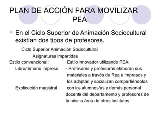 PLAN DE ACCIÓN PARA MOVILIZAR
PEA
 En el Ciclo Superior de Animación Sociocultural
existían dos tipos de profesores.
Ciclo Superior Animación Sociocultural
Asignaturas impartidas
Estilo convencional: Estilo innovador utilizando PEA:
- Libro/temario impreso - Profesores y profesoras elaboran sus
materiales a través de Rea e impresos y
los adaptan y socializan compartiéndolos
- Explicación magistral con los alumnos/as y demás personal
docente del departamento y profesores de
la misma área de otros institutos.
 