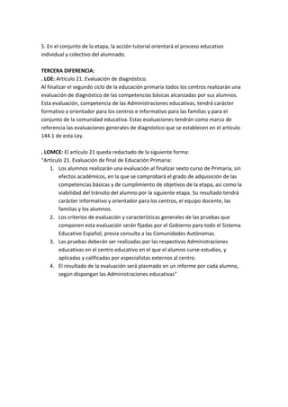 5. En el conjunto de la etapa, la acción tutorial orientará el proceso educativo
individual y colectivo del alumnado.
TERCERA DIFERENCIA:
. LOE: Artículo 21. Evaluación de diagnóstico.
Al finalizar el segundo ciclo de la educación primaria todos los centros realizarán una
evaluación de diagnóstico de las competencias básicas alcanzadas por sus alumnos.
Esta evaluación, competencia de las Administraciones educativas, tendrá carácter
formativo y orientador para los centros e informativo para las familias y para el
conjunto de la comunidad educativa. Estas evaluaciones tendrán como marco de
referencia las evaluaciones generales de diagnóstico que se establecen en el artículo
144.1 de esta Ley.
. LOMCE: El artículo 21 queda redactado de la siguiente forma:
“Artículo 21. Evaluación de final de Educación Primaria:
1. Los alumnos realizarán una evaluación al finalizar sexto curso de Primaria, sin
efectos académicos, en la que se comprobará el grado de adquisición de las
competencias básicas y de cumplimiento de objetivos de la etapa, así como la
viabilidad del tránsito del alumno por la siguiente etapa. Su resultado tendrá
carácter informativo y orientador para los centros, el equipo docente, las
familias y los alumnos.
2. Los criterios de evaluación y características generales de las pruebas que
componen esta evaluación serán fijadas por el Gobierno para todo el Sistema
Educativo Español, previa consulta a las Comunidades Autónomas.
3. Las pruebas deberán ser realizadas por las respectivas Administraciones
educativas en el centro educativo en el que el alumno curse estudios, y
aplicadas y calificadas por especialistas externos al centro.
4. El resultado de la evaluación será plasmado en un informe por cada alumno,
según dispongan las Administraciones educativas”
 
