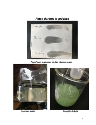 5
Fotos durante la práctica
Papel con muestras de las disoluciones
Solución de bilisAgua con aceite
 