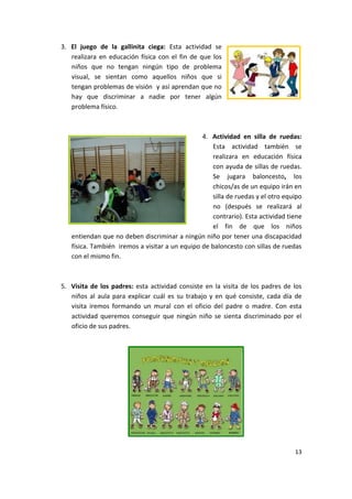 13
3. El juego de la gallinita ciega: Esta actividad se
realizara en educación física con el fin de que los
niños que no tengan ningún tipo de problema
visual, se sientan como aquellos niños que si
tengan problemas de visión y así aprendan que no
hay que discriminar a nadie por tener algún
problema físico.
4. Actividad en silla de ruedas:
Esta actividad también se
realizara en educación física
con ayuda de sillas de ruedas.
Se jugara baloncesto, los
chicos/as de un equipo irán en
silla de ruedas y el otro equipo
no (después se realizará al
contrario). Esta actividad tiene
el fin de que los niños
entiendan que no deben discriminar a ningún niño por tener una discapacidad
física. También iremos a visitar a un equipo de baloncesto con sillas de ruedas
con el mismo fin.
5. Visita de los padres: esta actividad consiste en la visita de los padres de los
niños al aula para explicar cuál es su trabajo y en qué consiste, cada día de
visita iremos formando un mural con el oficio del padre o madre. Con esta
actividad queremos conseguir que ningún niño se sienta discriminado por el
oficio de sus padres.
 