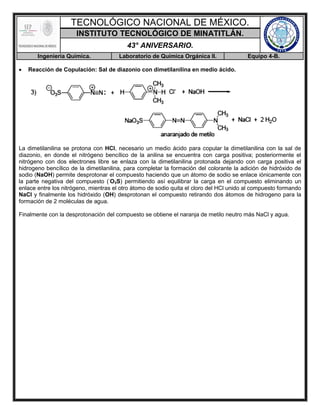 TECNOLÓGICO NACIONAL DE MÉXICO.
INSTITUTO TECNOLÓGICO DE MINATITLÁN.
43° ANIVERSARIO.
Ingeniería Química. Laboratorio de Química Orgánica II. Equipo 4-B.
 Reacción de Copulación: Sal de diazonio con dimetilanilina en medio ácido.
La dimetilanilina se protona con HCl, necesario un medio ácido para copular la dimetilanilina con la sal de
diazonio, en donde el nitrógeno bencílico de la anilina se encuentra con carga positiva; posteriormente el
nitrógeno con dos electrones libre se enlaza con la dimetilanilina protonada dejando con carga positiva el
hidrogeno bencílico de la dimetilanilina, para completar la formación del colorante la adición de hidróxido de
sodio (NaOH) permite desprotonar el compuesto haciendo que un átomo de sodio se enlace iónicamente con
la parte negativa del compuesto (-
O3S) permitiendo así equilibrar la carga en el compuesto eliminando un
enlace entre los nitrógeno, mientras el otro átomo de sodio quita el cloro del HCl unido al compuesto formando
NaCl y finalmente los hidróxido (OH) desprotonan el compuesto retirando dos átomos de hidrogeno para la
formación de 2 moléculas de agua.
Finalmente con la desprotonación del compuesto se obtiene el naranja de metilo neutro más NaCl y agua.
 