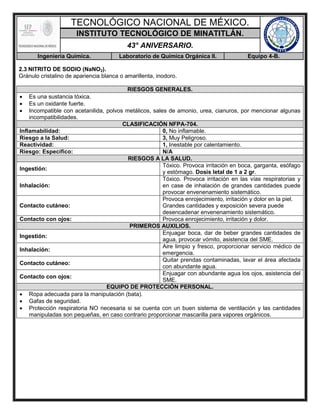 TECNOLÓGICO NACIONAL DE MÉXICO.
INSTITUTO TECNOLÓGICO DE MINATITLÁN.
43° ANIVERSARIO.
Ingeniería Química. Laboratorio de Química Orgánica II. Equipo 4-B.
2.3 NITRITO DE SODIO (NaNO2).
Gránulo cristalino de apariencia blanca o amarillenta, inodoro.
RIESGOS GENERALES.
 Es una sustancia tóxica.
 Es un oxidante fuerte.
 Incompatible con acetanilida, polvos metálicos, sales de amonio, urea, cianuros, por mencionar algunas
incompatibilidades.
CLASIFICACIÓN NFPA-704.
Inflamabilidad: 0, No inflamable.
Riesgo a la Salud: 3, Muy Peligroso.
Reactividad: 1, Inestable por calentamiento.
Riesgo: Específico: N/A
RIESGOS A LA SALUD.
Ingestión:
Tóxico. Provoca irritación en boca, garganta, esófago
y estómago. Dosis letal de 1 a 2 gr.
Inhalación:
Tóxico. Provoca irritación en las vías respiratorias y
en case de inhalación de grandes cantidades puede
provocar envenenamiento sistemático.
Contacto cutáneo:
Provoca enrojecimiento, irritación y dolor en la piel.
Grandes cantidades y exposición severa puede
desencadenar envenenamiento sistemático.
Contacto con ojos: Provoca enrojecimiento, irritación y dolor.
PRIMEROS AUXILIOS.
Ingestión:
Enjuagar boca, dar de beber grandes cantidades de
agua, provocar vómito, asistencia del SME.
Inhalación:
Aire limpio y fresco, proporcionar servicio médico de
emergencia.
Contacto cutáneo:
Quitar prendas contaminadas, lavar el área afectada
con abundante agua.
Contacto con ojos:
Enjuagar con abundante agua los ojos, asistencia del
SME.
EQUIPO DE PROTECCIÓN PERSONAL.
 Ropa adecuada para la manipulación (bata).
 Gafas de seguridad.
 Protección respiratoria NO necesaria si se cuenta con un buen sistema de ventilación y las cantidades
manipuladas son pequeñas, en caso contrario proporcionar mascarilla para vapores orgánicos.
 