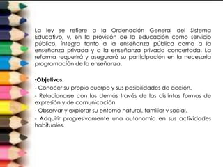 La ley se refiere a la Ordenación General del Sistema
Educativo, y, en la provisión de la educación como servicio
público, íntegra tanto a la enseñanza pública como a la
enseñanza privada y a la enseñanza privada concertada. La
reforma requerirá y asegurará su participación en la necesaria
programación de la enseñanza.

•Objetivos:
- Conocer su propio cuerpo y sus posibilidades de acción.
- Relacionarse con los demás través de las distintas formas de
expresión y de comunicación.
- Observar y explorar su entorno natural, familiar y social.
- Adquirir progresivamente una autonomía en sus actividades
habituales.
 