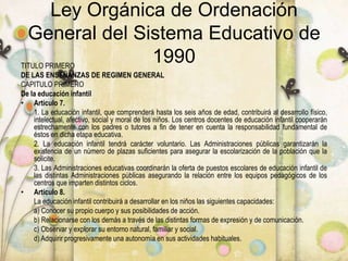 Ley Orgánica de Ordenación
General del Sistema Educativo de
1990TITULO PRIMERO
DE LAS ENSEÑANZAS DE REGIMEN GENERAL
CAPITULO PRIMERO
De la educación infantil
• Artículo 7.
1. La educación infantil, que comprenderá hasta los seis años de edad, contribuirá al desarrollo físico,
intelectual, afectivo, social y moral de los niños. Los centros docentes de educación infantil cooperarán
estrechamente con los padres o tutores a fin de tener en cuenta la responsabilidad fundamental de
éstos en dicha etapa educativa.
2. La educación infantil tendrá carácter voluntario. Las Administraciones públicas garantizarán la
existencia de un número de plazas suficientes para asegurar la escolarización de la población que la
solicite.
3. Las Administraciones educativas coordinarán la oferta de puestos escolares de educación infantil de
las distintas Administraciones públicas asegurando la relación entre los equipos pedagógicos de los
centros que imparten distintos ciclos.
• Artículo 8.
La educación infantil contribuirá a desarrollar en los niños las siguientes capacidades:
a) Conocer su propio cuerpo y sus posibilidades de acción.
b) Relacionarse con los demás a través de las distintas formas de expresión y de comunicación.
c) Observar y explorar su entorno natural, familiar y social.
d) Adquirir progresivamente una autonomía en sus actividades habituales.
 