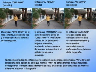 Enfoque “ONE SHOT”
(sencillo)
Enfoque “AI FOCUS”
(mixto)
Enfoque “AI SERVO”
(continuo)
El enfoque “ONE SHOT” es el
más sencillo, enfoca una vez
y lo mantiene hasta la toma
de la fotografía.
El enfoque “AI FOCUS” está
a medio camino entre el
“ONE SHOT” y “AI SERVO”.
Enfoca en un principio a
objetos inmóviles,
pudiendo volver a enfocar
de manera automática si el
objeto comienza a
moverse.
El enfoque “AL SERVO”
está concebido para
enfocar a objetos que
están en movimiento y
mantenerlos
automáticamente
enfocados hasta la toma
de la fotografía.
Todos estos modos de enfoque corresponden a un enfoque automático “AF”, de tener
seleccionada la opción de enfoque manual “MF” no obtendremos ningún resultado.
Conseguimos enfocar adecuadamente en las 3 ocasiones, pero actuando de manera
diferente al tomar la fotografía.
 