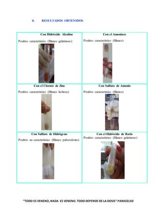 ‘‘TODO ES VENENO, NADA ES VENENO. TODO DEPENDE DE LA DOSIS” PARACELSO
8. RESULTADOS OBTENIDOS
Con Hidróxido Alcalino
Positivo característico (Blanco gelatinoso)
Con el Amoniaco
Positivo característico (Blanco)
Con el Cloruro de Zinc
Positivo característico (Blanco lechoso)
Con Sulfuro de Amonio
Positivo característico (Blanco)
Con Sulfuro de Hidrógeno
Positivo no característico (Blanco pulverulento)
Con el Hidróxido de Bario
Positivo característico (Blanco gelatinoso)
 