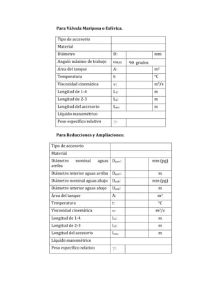 Para Válvula Mariposa o Esférica.
Para Reducciones y Ampliaciones:
Tipo de accesorio
Material
Diámetro D: mm
Angulo máximo de trabajo MAX 90 grados
Área del tanque A: m2
Temperatura t: °C
Viscosidad cinemática : m2/s
Longitud de 1-4 L1: m
Longitud de 2-3 L2: m
Longitud del accesorio Lacc m
Líquido manométrico
Peso específico relativo g:
Tipo de accesorio
Material
Diámetro nominal aguas
arriba
Daarr: mm (pg)
Diámetro interior aguas arriba Daarr: m
Diámetro nominal aguas abajo Daab: mm (pg)
Diámetro interior aguas abajo Daab: m
Área del tanque A: m2
Temperatura t: °C
Viscosidad cinemática : m2/s
Longitud de 1-4 L1: m
Longitud de 2-3 L2: m
Longitud del accesorio Lacc m
Líquido manométrico
Peso específico relativo g:
 
