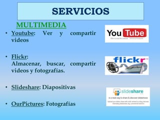 SERVICIOSMULTIMEDIAYoutube: Ver y compartir videosFlickr: Almacenar, buscar, compartir videos y fotografías.Slideshare: DiapositivasOurPictures: Fotografías
