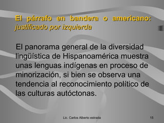 El panorama general de la diversidad
lingüística de Hispanoamérica muestra
unas lenguas indígenas en proceso de
minorización, si bien se observa una
tendencia al reconocimiento político de
las culturas autóctonas.
Lic. Carlos Alberto estrada 15
El párrafo en bandera o americano:El párrafo en bandera o americano:
justificado por izquierdajustificado por izquierda
 