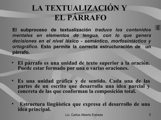 LA TEXTUALIZACIÓN Y
EL PÁRRAFO
• El párrafo es una unidad de texto superior a la oración.
Puede estar formado por una o varias oraciones.
• Es una unidad gráfica y de sentido. Cada una de las
partes de un escrito que desarrolla una idea parcial y
concreta de las que conforman la composición total.
• Estructura lingüística que expresa el desarrollo de una
idea principal.
Lic. Carlos Alberto Estrada 3
El subproceso de textualización traduce los contenidostraduce los contenidos
mentales en elementos de lengua, con lo que generamentales en elementos de lengua, con lo que genera
decisiones en el nivel léxico - semántico, morfosintáctico ydecisiones en el nivel léxico - semántico, morfosintáctico y
ortográfico.ortográfico. Esto permite la correcta estructuración de un
párrafo.
 