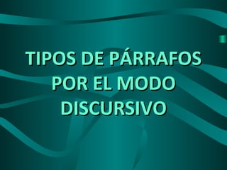 TIPOS DE PÁRRAFOSTIPOS DE PÁRRAFOS
POR EL MODOPOR EL MODO
DISCURSIVODISCURSIVO
 