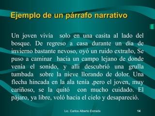 Un joven vivía solo en una casita al lado del
bosque. De regreso a casa durante un día de
invierno bastante nevoso, oyó un ruido extraño, Se
puso a caminar hacia un campo lejano de donde
venía el sonido, y allí descubrió una grulla
tumbada sobre la nieve llorando de dolor. Una
flecha hincada en la ala tenía ,pero el joven, muy
cariñoso, se la quitó con mucho cuidado. El
pájaro, ya libre, voló hacia el cielo y desapareció.
Lic. Carlos Alberto Estrada 14
Ejemplo de un párrafo narrativoEjemplo de un párrafo narrativo
 