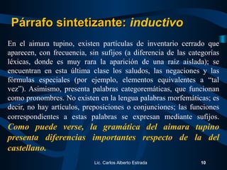 En el aimara tupino, existen partículas de inventario cerrado que
aparecen, con frecuencia, sin sufijos (a diferencia de las categorías
léxicas, donde es muy rara la aparición de una raíz aislada); se
encuentran en esta última clase los saludos, las negaciones y las
fórmulas especiales (por ejemplo, elementos equivalentes a “tal
vez”). Asimismo, presenta palabras categoremáticas, que funcionan
como pronombres. No existen en la lengua palabras morfemáticas; es
decir, no hay artículos, preposiciones o conjunciones; las funciones
correspondientes a estas palabras se expresan mediante sufijos.
Como puede verse, la gramática del aimara tupino
presenta diferencias importantes respecto de la del
castellano.
Lic. Carlos Alberto Estrada 10
Párrafo sintetizante:Párrafo sintetizante: inductivo
 