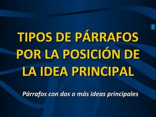TIPOS DE PÁRRAFOSTIPOS DE PÁRRAFOS
POR LA POSICIÓN DEPOR LA POSICIÓN DE
LA IDEA PRINCIPALLA IDEA PRINCIPAL
Párrafos con dos o más ideas principalesPárrafos con dos o más ideas principales
 
