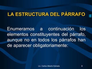Lic. Carlos Alberto Estrada 3
LA ESTRUCTURA DEL PÁRRAFOLA ESTRUCTURA DEL PÁRRAFO
Enumeramos a continuación los
elementos constituyentes del párrafo,
aunque no en todos los párrafos han
de aparecer obligatoriamente:
 