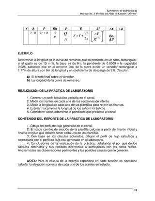 Laboratorio de Hidráulica II
Práctica No. 5. Perfiles del Flujo en Canales Abiertos”
15
Y A P Rh V E Sf ∆∆X ΣΣX
BY ⋅ BY +2
P
A
A
Q
g
V
YZ
2
2
++
2
3/2 





R
Vn
Ec.
5.7
EJEMPLO
Determinar la longitud de la curva de remanso que se presenta en un canal rectangular,
si el gasto es de 15 m3
/s, la base es de 8m, la pendiente de 0.0009 y la rugosidad
0.025, sabiendo que en el extremo final de la curva existe un vertedor rectangular a
1.77m de altura con 8m de longitud y un coeficiente de descarga de 2.0. Calcular:
a) El tirante final sobre el vertedor.
b) La longitud de la curva de remanso.
REALIZACIÓN DE LA PRÁCTICA DE LABORATORIO
1. Generar un perfil hidráulico variable en el canal.
2. Medir los tirantes en cada una de las secciones de interés.
3. Medir la longitud de cada una de las plantillas para referir los tirantes.
4. Estimar físicamente la longitud de los saltos hidráulicos.
5. Considerar adecuadamente la pendiente que presenta el canal.
CONTENIDO DEL REPORTE DE LA PRÁCTICA DE LABORATORIO
1. Dibujo del perfil de flujo generado en el canal.
2. En cada cambio de sección de la plantilla calcular a partir del tirante inicial y
final la longitud que debería tener cada una de las plantillas.
3. Con base en los cálculos obtenidos, dibujar el perfil de flujo calculado y
compararlo con el perfil de flujo real generado en el laboratorio.
4. Conclusiones de la realización de la práctica, detallando el por qué de los
cálculos obtenidos y sus posibles diferencias o semejanzas con los datos reales.
Anexar todas las observaciones pertinentes y las posibles causas que lo generan.
NOTA: Para el cálculo de la energía específica en cada sección es necesario
calcular la elevación correcta de cada uno de los tirantes en estudio.
 