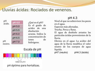 Lluvias ácidas: Rociados de venenos.
                                                    pH 4.3
pH                                     Nivel al que no sobreviven los peces
ácido.    pH 4.0   ¿Qué es el pH?
                                       en el agua.
          pH 5.0   Es el grado de
                                       Especies más afectadas.
                   acidez de una
          pH 5.5                       Trucha, Perca y Rana.
                   disolución
                                       El agua de deshielo arrastra las
          pH 6.0   acuosa. Indica la
                                       partículas ácidas provenientes de la
          pH 6.5   concentración de
                                       lluvia.
                   iones          de
pH        pH 7.0                       Efectos en el agua: La acidez del
                   hidrógeno.
neutro.                                agua de la lluvia modifica el valor
                                       neutro de los cuerpos de agua
                                       líquida.
                                       pH7 (neutro)        pH4.3 (ácido)
 