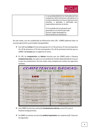 8
3. Las pruebasdeberán ser realizadas por las
respectivas Administraciones educativas en
el centroeducativoenel que el alumnocurse
estudios, y aplicadas y calificadas por
especialistas externos al centro.
4. El resultado de la evaluación será
plasmado en un informe por cada
alumno, según dispongan las
Administraciones educativas."
De este modo, una vez establecidas las diferencias entre LOE – LOMCE podemos hacer un
resumen general de sus principales desigualdades:
 Con LOE hay 3 ciclos (1º ciclo corresponde a1º y 1º de primaria,2º ciclocorresponde a
3º y 4º de primaria y el 3º ciclo corresponde a 5º y 6º de primaria) mientras que en
LOMCE hay 6 cursos que se organizan en áreas.
 En LOE las competencias era básicas mientras que con LOMCE pasan a llamarse
competenciasclave,lascualesa su vezcambiande nombre dependiendo de la ley en
la que nos encontremos. De este modo, estas competencias reciben los siguientes
nombres:
 Con LOMCE losalumnosrealizarán 2 evaluacionesexternas,unaen3º y otra al
finalizarlaetapaprimaria.
 En LOMCE se realizanunaserie de cambiosimportantes con respectoaLOE. Estosson
lossiguientes:
 
