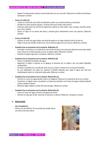 CONOCIMIENTO DEL MEDIO NATURAL C 3º EDUCACIÓN INFANTIL

       - Repetir la observación anterior iluminando esta vez con una vela. Observar la sombra de lasilueta.
         Comparar y anotar.

   -   La luz y el color (1).
       - Trazar un círculo de unos 10cm de diámetro sobre una cartulina blanca y recortarlo.
       - Dividirlo en siete sectores iguales. ¿Cuánto tiene que medir cada sector?
       - Colorear cada sector de uno de los siguientes colores en este orden: rojo, naranja, amarillo,verde,
          azul, añil y violeta.
       - Clavar un lápiz en el centro del disco y hacerlo girar velozmente como una peonza. Observar
          yanotar.

   -   La luz y el color (2).
       - Colocar un vaso con agua sobre una hoja de papel en un lugar donde le de la luz del sol.
       - Pegar al vaso, por donde incide el sol, una cartulina negra con una ranura. Observar y anotar.

   -   Cuando la luz se encuentra con la materia. Reflexión (1).
       - Encender una linterna a un lado de la cara de forma que la luz pase por delante iluminando sólola
         nariz. Situar en el lado opuesto a la luz un papel negro. Observar y anotar.
       - Cambiar el papel negro por uno blanco. Observar y anotar.

   -   Cuando la luz se encuentra con la materia. Reflexión (2).
       - Llenar una botella de plástico de agua.
       - Agujerear el tapón e insertar en el agujero el extremo de un tubito o de una pajita fijándolo
         conplastilina.
       - Envolver la botella con un paño de color oscuro y situar la linterna en el culo de la botella.
       - En una habitación con poca luz, apretar la botella dejando que caiga el agua que sale por
         eltubo/pajita sobre un recipiente adecuado. Observar y anotar.

   -   Cuando la luz se encuentra con la materia. Refracción (1).
       - Iluminar un vaso con agua desde arriba y en diagonal. Observar la trayectoria de la luz y anotar.
       - Introducir un objeto recto, una pajita o un lápiz por ejemplo, en el vaso con agua y observardesde
         arriba y desde el lateral.
       - Observar algún objeto a través del vaso de agua. Observar y anotar.

   -   Cuando la luz se encuentra con la materia. Refracción (2).
       - Llenar un vaso con agua. Echarle unas gotas de leche.
       - Iluminar el vaso por arriba. Iluminar el vaso por un lateral. Observar, comparar y anotar.


   5. RESULTADOS

   -   Ver el sonido (1).
       Vibra la sal, da saltitos. Por las ondas de sonido choca
       con ellas y las hace vibrar.




PÁGINA 5 DE 8 PRÁCTICA 6 – GRUPO Nº 1
 