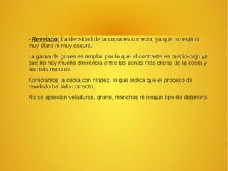 - Revelado: La densidad de la copia es correcta, ya que no está ni
muy clara ni muy oscura.
La gama de grises es amplia, por lo que el contraste es medio-bajo ya
que no hay mucha diferencia entre las zonas más claras de la copia y
las más oscuras.
Apreciamos la copia con nitidez, lo que indica que el proceso de
revelado ha sido correcto.
No se aprecian veladuras, grano, manchas ni ningún tipo de deterioro.
 