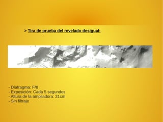 > Tira de prueba del revelado desigual:
- Diafragma: F/8
- Exposición: Cada 5 segundos
- Altura de la ampliadora: 31cm
- Sin filtraje
 