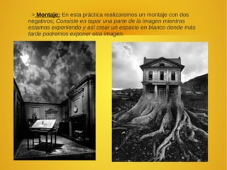 > Montaje: En esta práctica realizaremos un montaje con dos
negativos; Consiste en tapar una parte de la imagen mientras
estamos exponiendo y así crear un espacio en blanco donde más
tarde podremos exponer otra imagen.
 