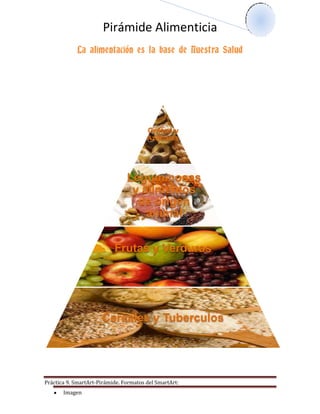 Pirámide Alimenticia
Práctica 9. SmartArt-Pirámide. Formatos del SmartArt:
Imagen
La alimentación es la base de Nuestra Salud
Grasas y
Azucares
Leguminosas
y alimentos
de origen
animal
Frutas y Verduras
Cereales y Tuberculos
 
