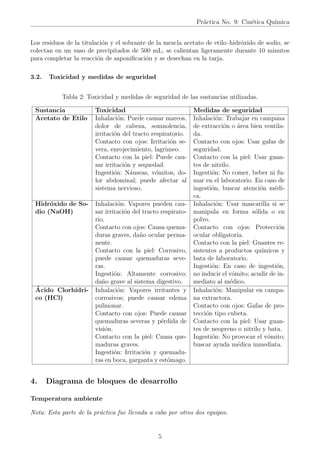 Práctica No. 9: Cinética Quı́mica
Los residuos de la titulación y el sobrante de la mezcla acetato de etilo–hidróxido de sodio, se
colectan en un vaso de precipitados de 500 mL, se calientan ligeramente durante 10 minutos
para completar la reacción de saponificación y se desechan en la tarja.
3.2. Toxicidad y medidas de seguridad
Tabla 2: Toxicidad y medidas de seguridad de las sustancias utilizadas.
Sustancia Toxicidad Medidas de seguridad
Acetato de Etilo Inhalación: Puede causar mareos,
dolor de cabeza, somnolencia,
irritación del tracto respiratorio.
Contacto con ojos: Irritación se-
vera, enrojecimiento, lagrimeo.
Contacto con la piel: Puede cau-
sar irritación y sequedad.
Ingestión: Náuseas, vómitos, do-
lor abdominal; puede afectar al
sistema nervioso.
Inhalación: Trabajar en campana
de extracción o área bien ventila-
da.
Contacto con ojos: Usar gafas de
seguridad.
Contacto con la piel: Usar guan-
tes de nitrilo.
Ingestión: No comer, beber ni fu-
mar en el laboratorio. En caso de
ingestión, buscar atención médi-
ca.
Hidróxido de So-
dio (NaOH)
Inhalación: Vapores pueden cau-
sar irritación del tracto respirato-
rio.
Contacto con ojos: Causa quema-
duras graves, daño ocular perma-
nente.
Contacto con la piel: Corrosivo,
puede causar quemaduras seve-
ras.
Ingestión: Altamente corrosivo;
daño grave al sistema digestivo.
Inhalación: Usar mascarilla si se
manipula en forma sólida o en
polvo.
Contacto con ojos: Protección
ocular obligatoria.
Contacto con la piel: Guantes re-
sistentes a productos quı́micos y
bata de laboratorio.
Ingestión: En caso de ingestión,
no inducir el vómito; acudir de in-
mediato al médico.
Ácido Clorhı́dri-
co (HCl)
Inhalación: Vapores irritantes y
corrosivos; puede causar edema
pulmonar.
Contacto con ojos: Puede causar
quemaduras severas y pérdida de
visión.
Contacto con la piel: Causa que-
maduras graves.
Ingestión: Irritación y quemadu-
ras en boca, garganta y estómago.
Inhalación: Manipular en campa-
na extractora.
Contacto con ojos: Gafas de pro-
tección tipo cubeta.
Contacto con la piel: Usar guan-
tes de neopreno o nitrilo y bata.
Ingestión: No provocar el vómito;
buscar ayuda médica inmediata.
4. Diagrama de bloques de desarrollo
Temperatura ambiente
Nota: Esta parte de la práctica fue llevada a cabo por otros dos equipos.
5
 