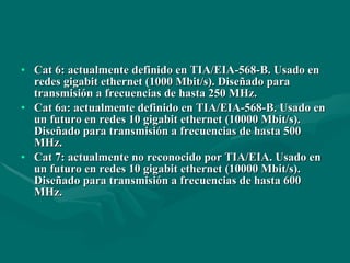 Cat 6: actualmente definido en TIA/EIA-568-B. Usado en redes gigabit ethernet (1000 Mbit/s). Diseñado para transmisión a frecuencias de hasta 250 MHz. Cat 6a: actualmente definido en TIA/EIA-568-B. Usado en un futuro en redes 10 gigabit ethernet (10000 Mbit/s). Diseñado para transmisión a frecuencias de hasta 500 MHz. Cat 7: actualmente no reconocido por TIA/EIA. Usado en un futuro en redes 10 gigabit ethernet (10000 Mbit/s). Diseñado para transmisión a frecuencias de hasta 600 MHz. 