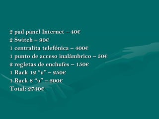 2 pad panel Internet – 40€
2 Switch – 90€
1 centralita telefónica – 400€
1 punto de acceso inalámbrico – 50€
2 regletas de enchufes – 150€
1 Rack 12 “u” – 250€
1 Rack 8 “u” – 200€
Total: 2740€
 