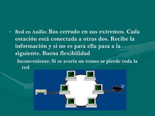 • Red en Anillo: Bus cerrado en sus extremos. Cada
  estación está conectada a otras dos. Recibe la
  información y si no es para ella pasa a la
  siguiente. Buena flexibilidad
  Inconveniente: Si se avería un tramo se pierde toda la
    red
 