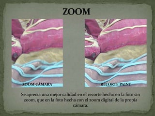ZOOM CÁMARA

RECORTE PAINT

Se aprecia una mejor calidad en el recorte hecho en la foto sin
zoom, que en la foto hecha con el zoom digital de la propia
cámara.

 