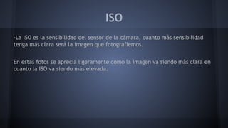 ISO
-La ISO es la sensibilidad del sensor de la cámara, cuanto más sensibilidad
tenga más clara será la imagen que fotografiemos.
En estas fotos se aprecia ligeramente como la imagen va siendo más clara en
cuanto la ISO va siendo más elevada.
 