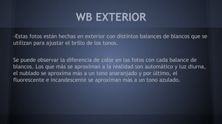 WB EXTERIOR
-Estas fotos están hechas en exterior con distintos balances de blancos que se
utilizan para ajustar el brillo de los tonos.
Se puede observar la diferencia de color en las fotos con cada balance de
blancos. Los que más se aproximan a la realidad son automático y luz diurna,
el nublado se aproxima más a un tono anaranjado y por último, el
fluorescente e incandescente se aproximan más a un tono azulado.
 