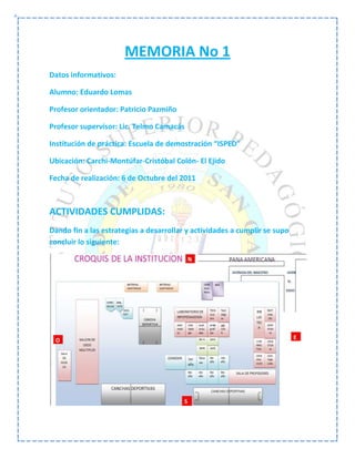 MEMORIA No 1
Datos informativos:

Alumno: Eduardo Lomas

Profesor orientador: Patricio Pazmiño

Profesor supervisor: Lic. Telmo Camacás

Institución de práctica: Escuela de demostración “ISPED”

Ubicación: Carchi-Montúfar-Cristóbal Colón- El Ejido

Fecha de realización: 6 de Octubre del 2011



ACTIVIDADES CUMPLIDAS:
Dando fin a las estrategias a desarrollar y actividades a cumplir se supo
concluir lo siguiente:
 