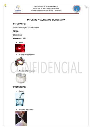 UNIVERSIDAD TÉCNICA DE MACHALA
DIRECCIÓN DE NIVELACIÓN Y ADMISIÓN
SISTEMA NACIONAL DE NIVELACIÓN Y ADMISIÓN
INFORME PRÁCTICA DE BIOLOGIA #7
ESTUDIANTE:
Zambrano López Ericka Anabel
TEMA:
Electrolisis
MATERIALES:
Foco
Cable de conexión
Recipiente de vidrio
SUSTANCIAS:
Agua
Cloruro de Sodio
 