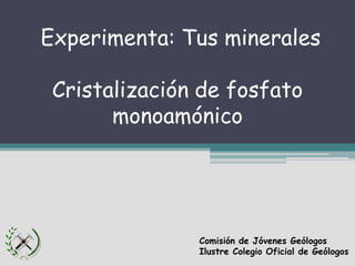 Experimenta: Tus minerales
Cristalización de fosfato
monoamónico
Comisión de Jóvenes Geólogos
Ilustre Colegio Oficial de Geólogos
 