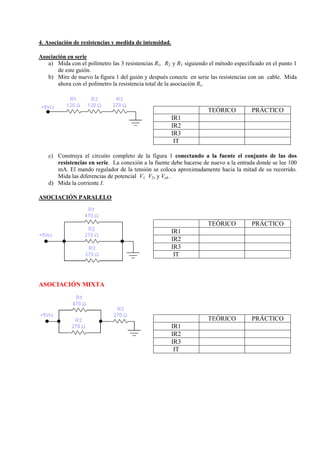 4. Asociación de resistencias y medida de intensidad.
Asociación en serie
a) Mida con el polímetro las 3 resistencias R1, R2 y R3 siguiendo el método especificado en el punto 1
de este guión.
b) Mire de nuevo la figura 1 del guión y después conecte en serie las resistencias con un cable. Mida
ahora con el polímetro la resistencia total de la asociación Rs.

TEÓRICO

PRÁCTICO

IR1
IR2
IR3
IT
c) Construya el circuito completo de la figura 1 conectando a la fuente el conjunto de las dos
resistencias en serie. La conexión a la fuente debe hacerse de nuevo a la entrada donde se lee 100
mA. El mando regulador de la tensión se coloca aproximadamente hacia la mitad de su recorrido.
Mida las diferencias de potencial V1, V2, y Vab .
d) Mida la corriente I.
ASOCIACIÓ PARALELO

TEÓRICO

PRÁCTICO

TEÓRICO

PRÁCTICO

IR1
IR2
IR3
IT

ASOCIACIÓ MIXTA

IR1
IR2
IR3
IT

 