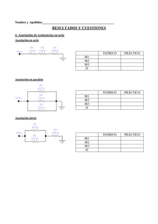 ombre y Apellidos_____________________________________________

RESULTADOS Y CUESTIO ES
4. Asociación de resistencias en serie
Asociación en serie

TEÓRICO

PRÁCTICO

TEÓRICO

PRÁCTICO

TEÓRICO

PRÁCTICO

IR1
IR2
IR3
IT

Asociación en paralelo

IR1
IR2
IR3
IT
Asociación mixta

IR1
IR2
IR3
IT

 