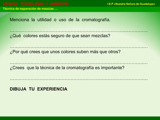 I.E.P «Nuestra Señora de Guadalupe»CIENCIA TECNOLOGÍA Y AMBIENTE
Técnica de separación de mezclas …
Menciona la utilidad o uso de la cromatografía.
…………………………………………………………………………………
¿Qué colores estás seguro de que sean mezclas?
…………………………………………………………………………………
¿Por qué crees que unos colores suben más que otros?
…………………………………………………………………………………
¿Crees que la técnica de la cromatografía es importante?
…………………………………………………………………………………
DIBUJA TU EXPERIENCIA
 
