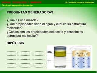 I.E.P «Nuestra Señora de Guadalupe»CIENCIA TECNOLOGÍA Y AMBIENTE
Técnica de separación de mezclas
PREGUNTAS GENERADORAS:
¿Qué es una mezcla?
¿Qué propiedades tiene el agua y cuál es su estructura
molecular?
¿Cuáles son las propiedades del aceite y describe su
estructura molecular?
HIPÓTESIS
…………………………………………………………………
…………………………………………………………………
…………………………………………………………………
…………………………………………………………………
…………………………………………………………………
 